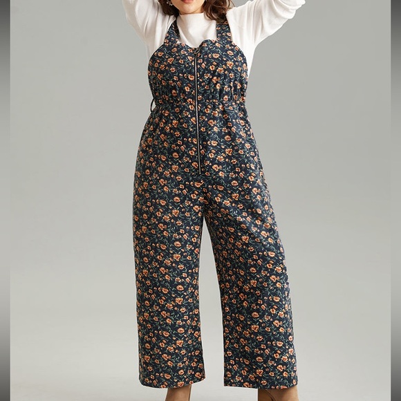 Floral Corduroy Wideleg Jumper with Pockets and Front Zipper, Dark Blue/Indigo - Picture 6 of 10